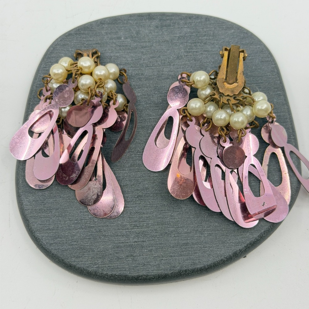 Pink Metallic Sequin Faux Pearl Clip On Earrings Chandelier Statement Jewelry